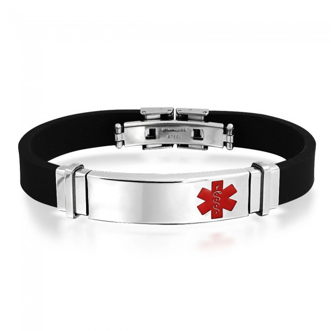 Mens Black Rubber Stainless Steel Medical Alert ID Bracelet Minos ...